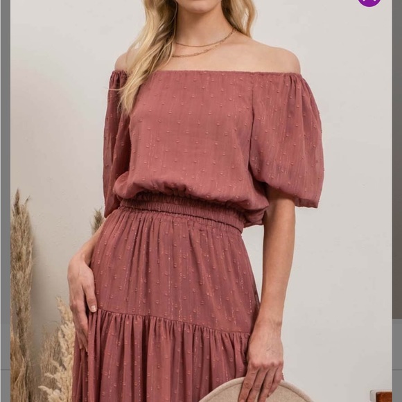 NEW IN PACKAGE- Blu Pepper Dusty Rose Swiss Dot Puff-Sleeve Off-Shoulder Top - Picture 1 of 5